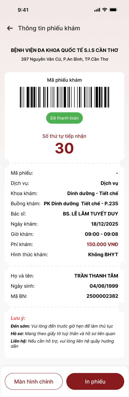 Phiếu khám trên ứng dụng di động